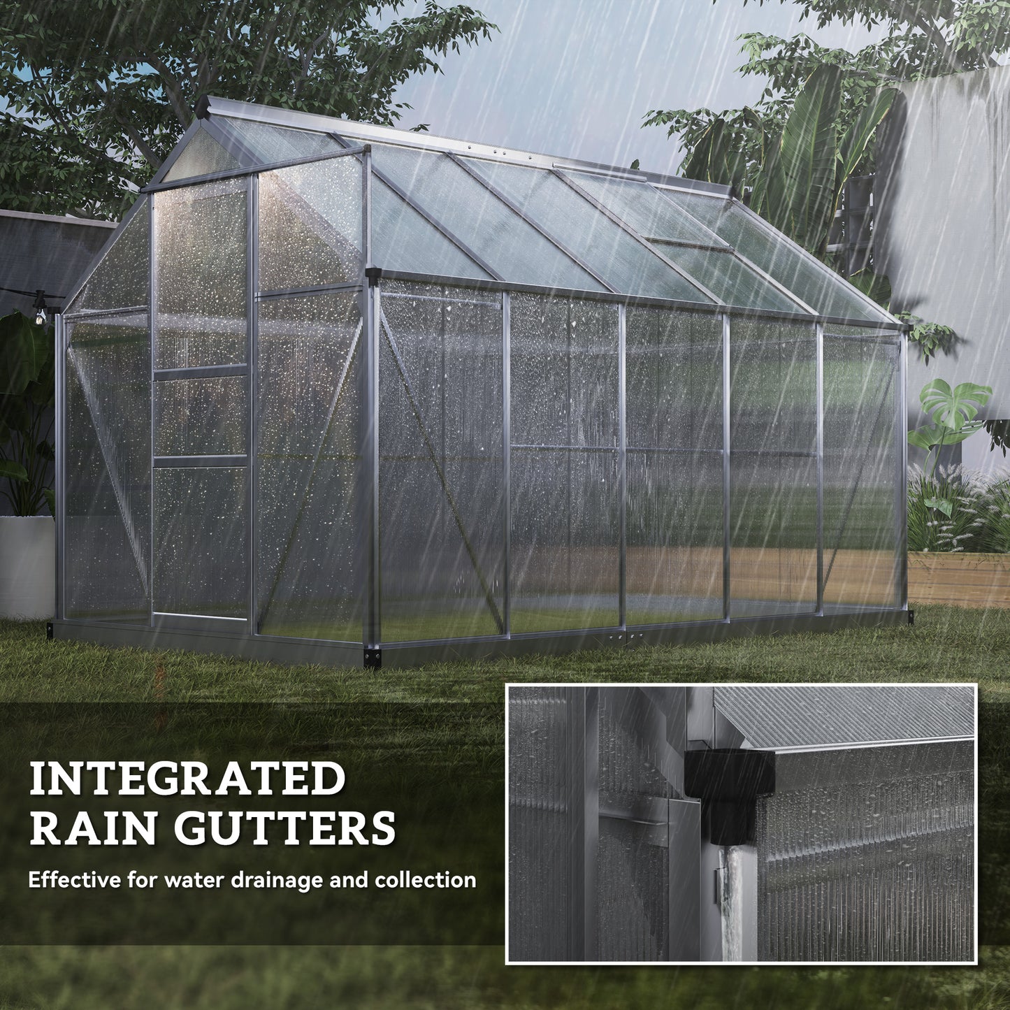 Outsunny 6' x 10' x 6.6' Polycarbonate Greenhouse, Walk-In Green House Kit Garden, Plants Grow, Galvanized Sheet Aluminum Frame with Rain Gutter, Vents and Sliding Door, Green