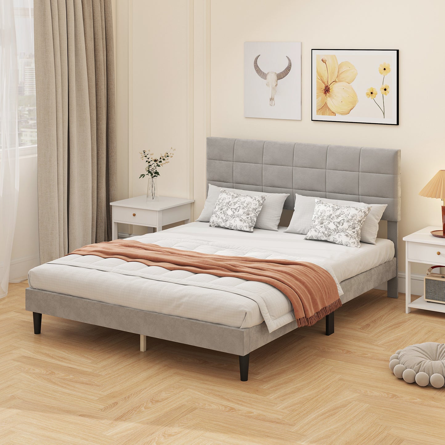 HOMCOM Queen Size Bed Frame with Upholstered Headboard, Modern Platform Bed Frame with Wood Slats, 1100 lbs Capacity, Cream