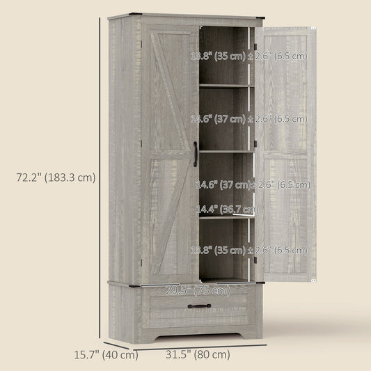 HOMCOM 72" Farmhouse Pantry Cabinet with Adjustable Shelves, Kitchen Pantry Cabinet with 2 Doors, Distressed Light Grey