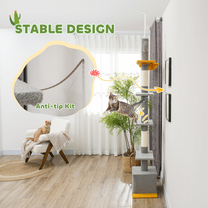 PawHut Floor to Ceiling Cat TreeTower with 90.5"-108" Adjustable Height, Scratching Posts, Hammock, Comdo, Toy Ball, Light Grey