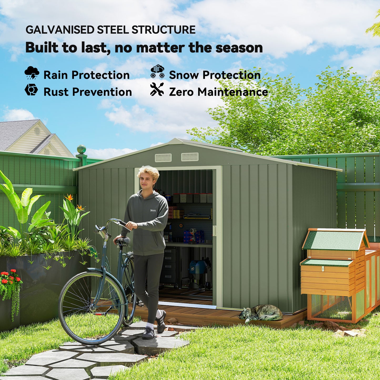 Outsunny 9.1'x6.4'x6.3' Garden Storage Shed w/ Foundation Kit Metal Tool Storage House w/ Double Doors Light Green