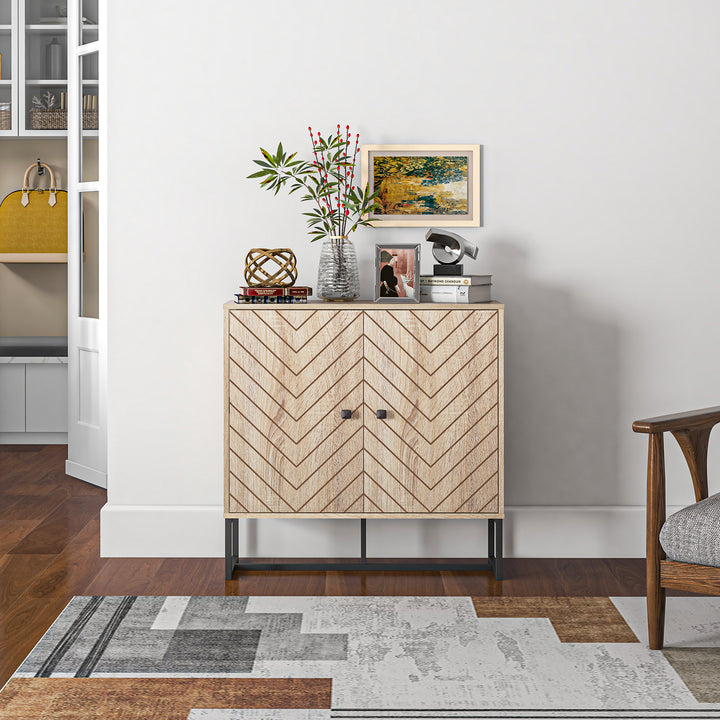 HOMCOM Modern Sideboard, Buffet Cabinet with 2 Chevron Doors and Adjustable Shelf, Kitchen Storage Cabinet with Steel Base, Coffee Bar Cabinet, 31.5" H, Oak