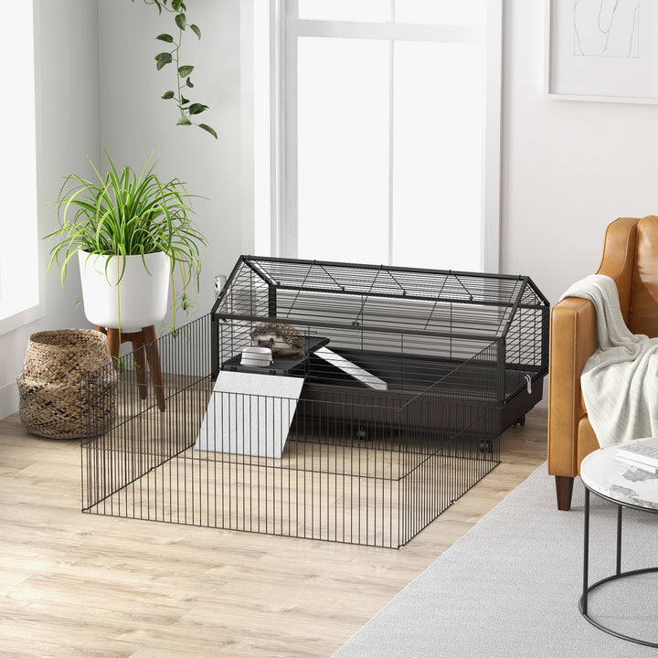 PawHut Metal Small Animal Cage, Rabbit Cage for Guinea Pig Chinchilla Hedgehog Bunny with Removable Wheels and Foldable Detachable Run Fence, 34.6" L x 50.6" W x 22" H