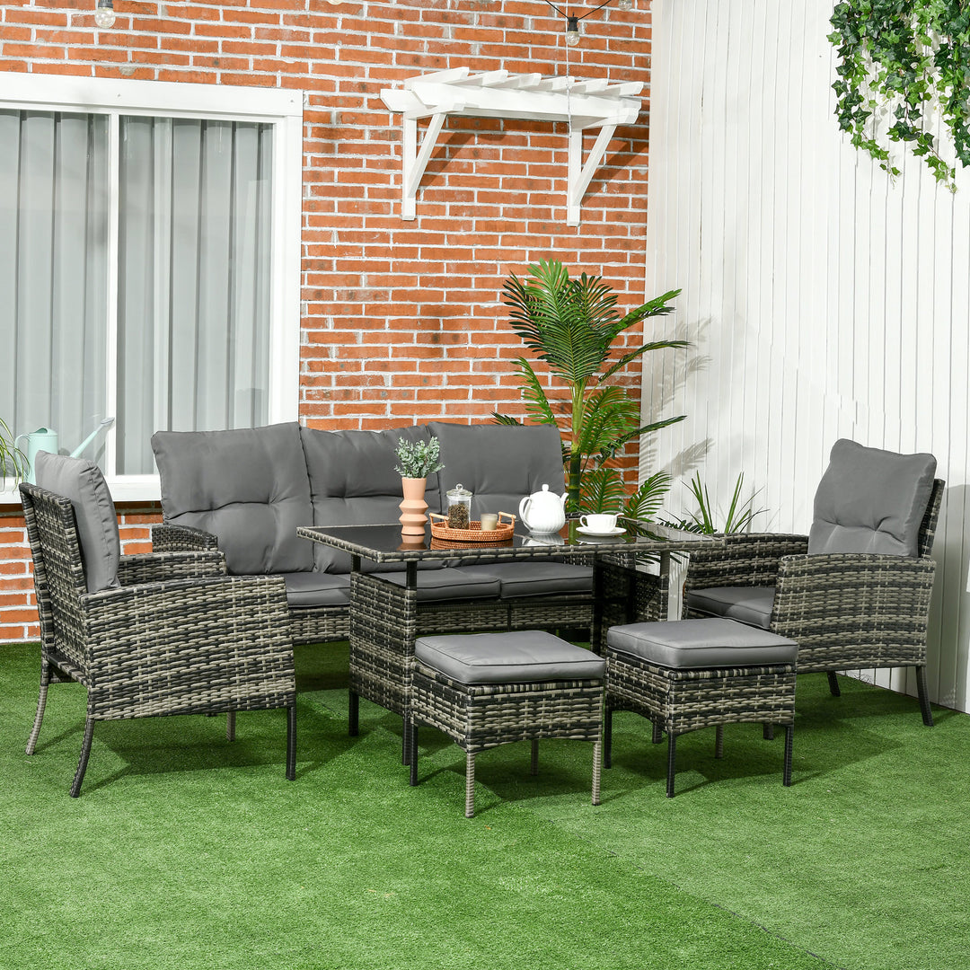 Outsunny 6 Piece Patio Furniture Set with Patio Chairs, Ottomans, Sofa, Glass Top Table and Cushions, Wicker Rattan Outdoor Furniture Set for Backyard, Porch, Grey