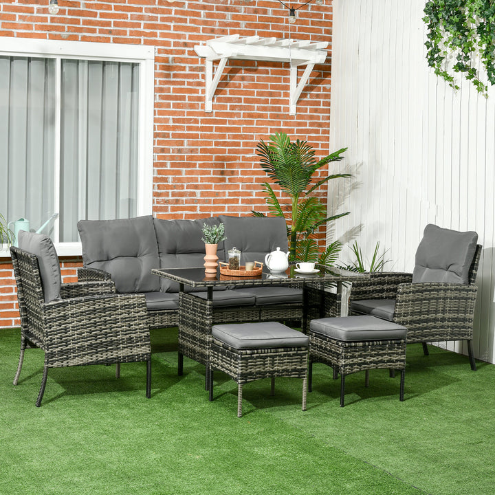 Outsunny 6 Piece Patio Furniture Set with Patio Chairs, Ottomans, Sofa, Glass Top Table and Cushions, Wicker Rattan Outdoor Furniture Set for Backyard, Porch, Grey