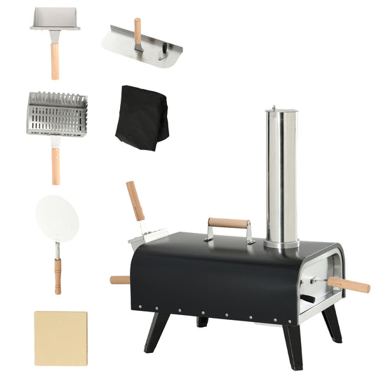Outsunny Wood Fired Pizza Oven Stainless Steel Pizza Maker with Foldable Legs and Waterproof Cover, Black