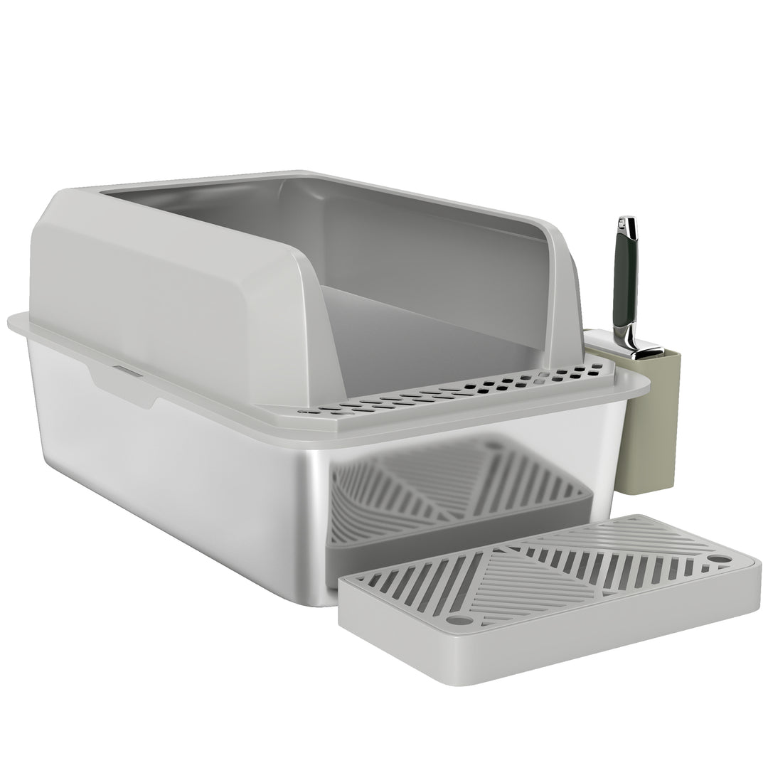 PawHut Stainless Steel Cat Litter Box High Sided with Metal Scoop & Holder, Non-Sticky, Easy to Clean, Anti-Urine Leakage