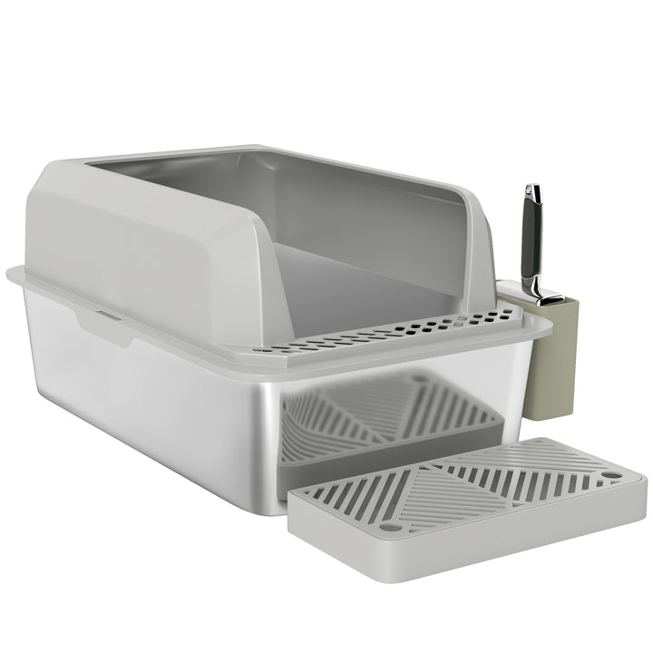 PawHut Stainless Steel Cat Litter Box High Sided with Metal Scoop & Holder, Non-Sticky, Easy to Clean, Anti-Urine Leakage