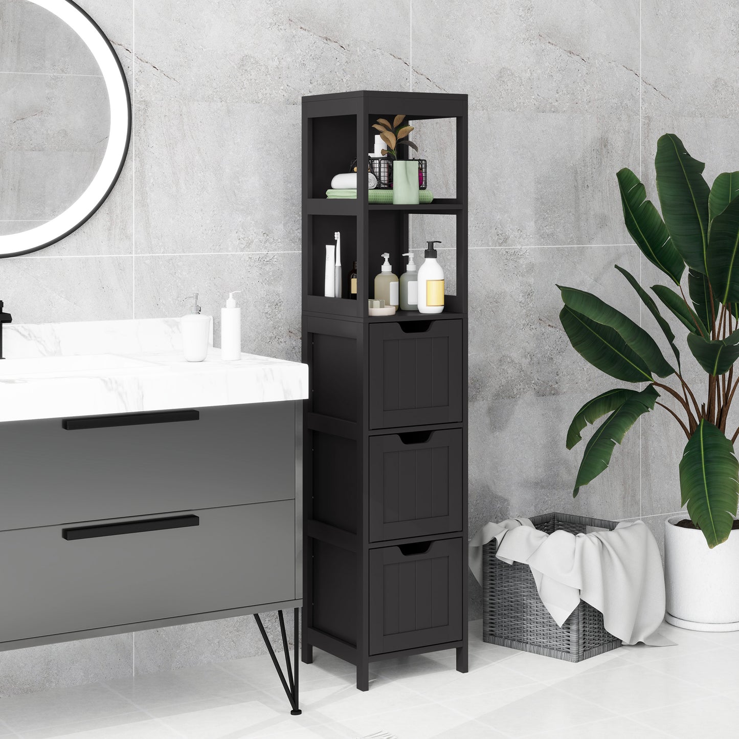 kleankin Narrow Bathroom Cabinet with 3 Drawers and 2 Tier Shelf, Tall Cupboard Freestanding Linen Tower, White