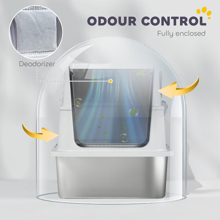 PawHut XL Stainless Steel Cat Litter Box for Big Cats with Flip Top, Scoop, Easy Clean & No Odors, Non-Sticky