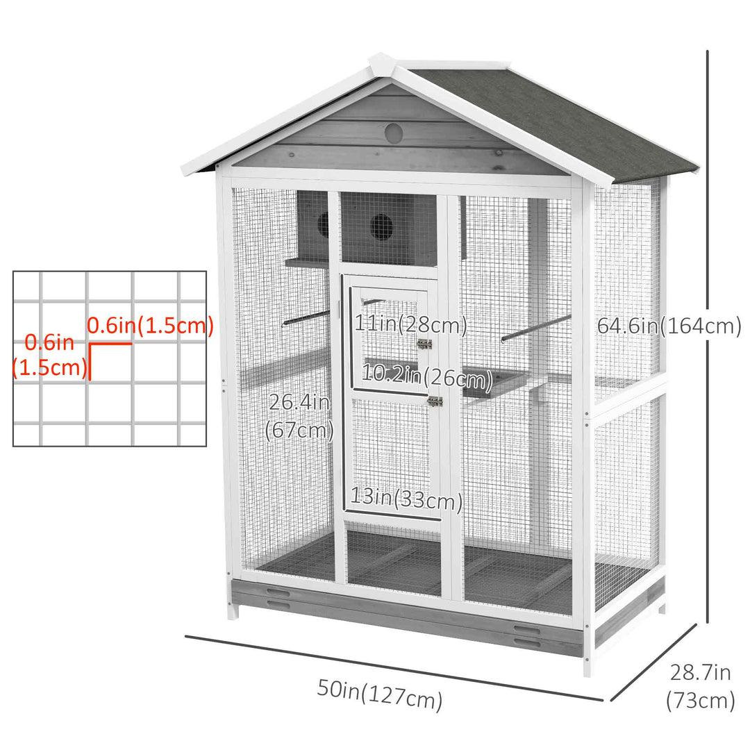 PawHut 65" Bird Cage Large 2 Doors Wooden Aviary for Canary with Standing Pole Nest Slide-out Tray, for Indoor Outdoor, Grey