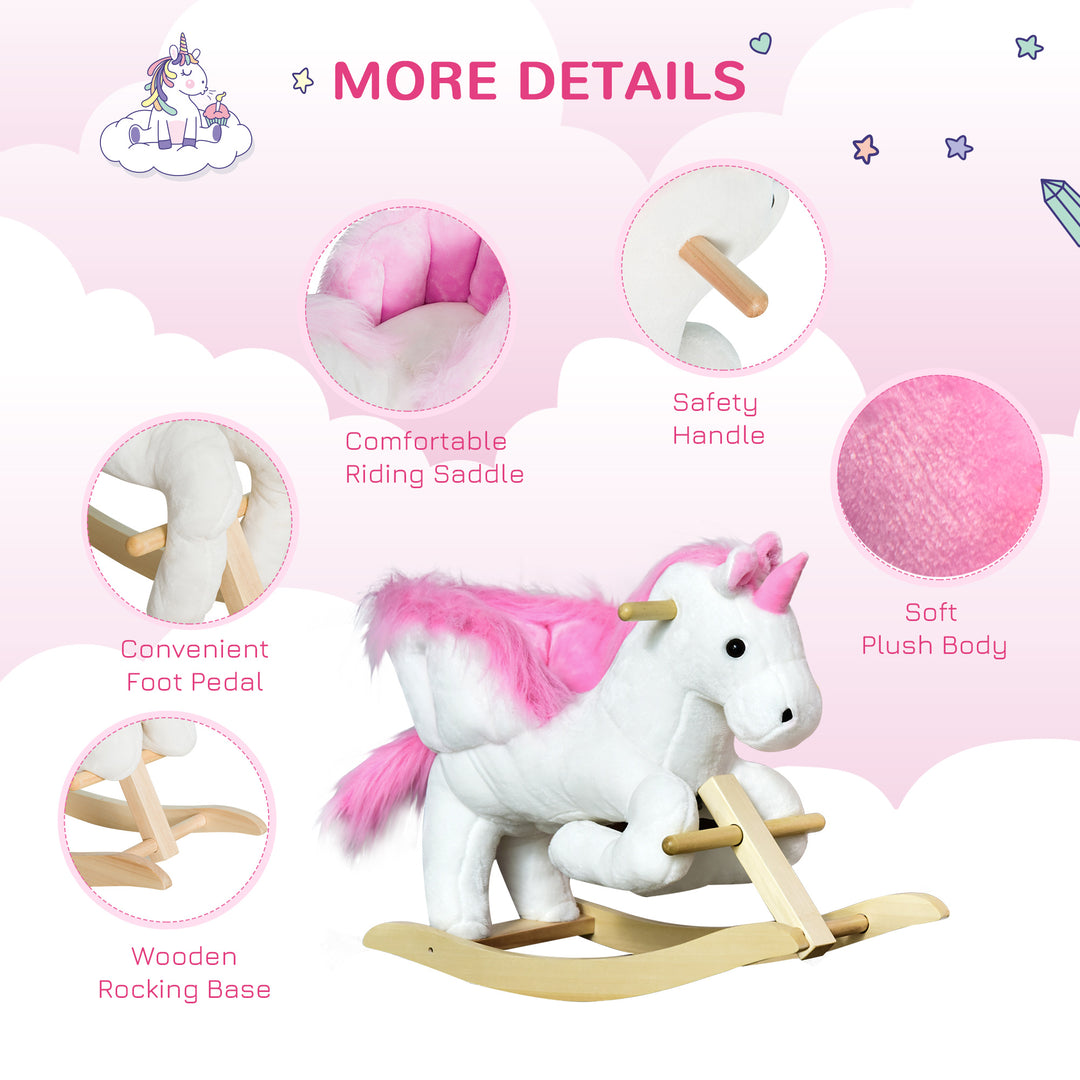 Qaba Kids Rocking Horse, Rocking Chair Nursery Plush Unicorn, Child Soft and Warm Ride on toy with Sing Along Song Pink