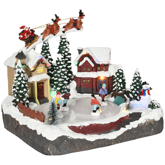 HOMCOM Christmas Village, Santa and Deer Skating Pond Animated Winter Wonderland Set with Multicolored LED Light, Plug-In Christmas Decoration