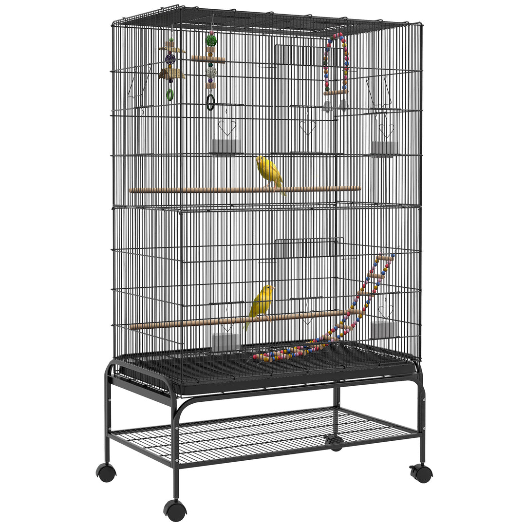 PawHut 63" Bird Cage w/ Open Top for Budgies, Cockatiels, Lovebirds Finches, Stand, Toys, Removable Tray, Storage Shelf