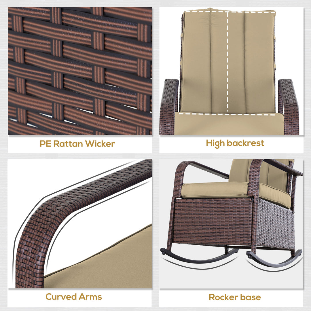 Outsunny Outdoor Wicker Rocking Chair with Cushion, Patio PE Rattan Recliner Chair with Adjustable Footrest, Armrests, Dark Blue