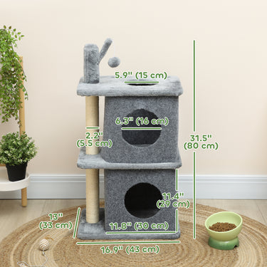 PawHut 31.5" Cat Tree, Multi-Level Cat Tower with 2 Condos and Soft Plush Perches for 1-2 Cats, Grey