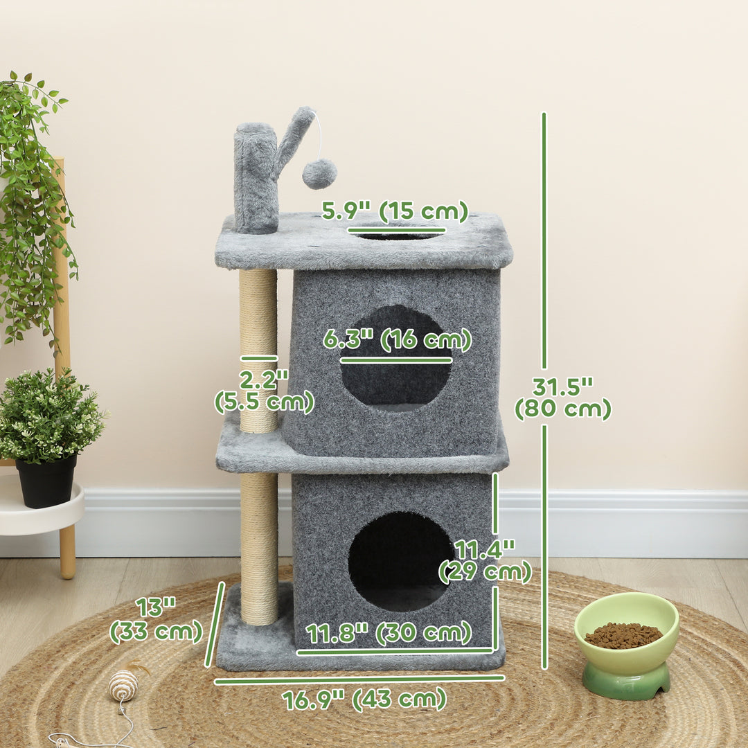 PawHut 31.5" Cat Tree, Multi-Level Cat Tower with 2 Condos and Soft Plush Perches for 1-2 Cats, Grey