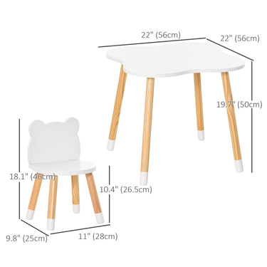 Qaba Kids Wooden Table and 2 Chairs Set, 3-Piece Dining Table with Bear Shape and Rounded Corners for 1-4 Years, White