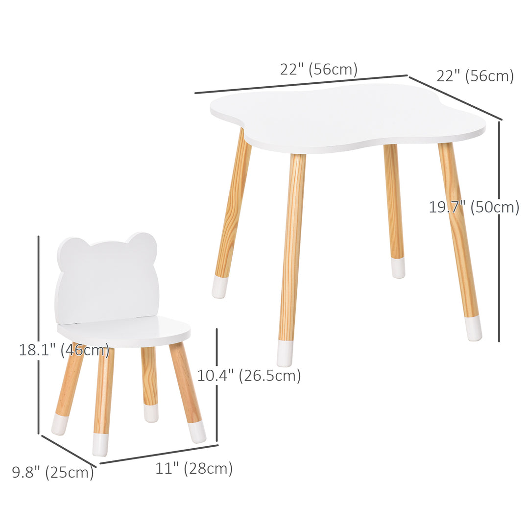 Qaba Kids Wooden Table and 2 Chairs Set, 3-Piece Dining Table with Bear Shape and Rounded Corners for 1-4 Years, White