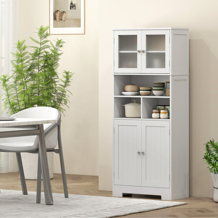 HOMCOM 57" Kitchen Pantry, Freestanding Pantry Storage Cabinet with Glass Doors, Adjustable Shelves, Open Compartments, White
