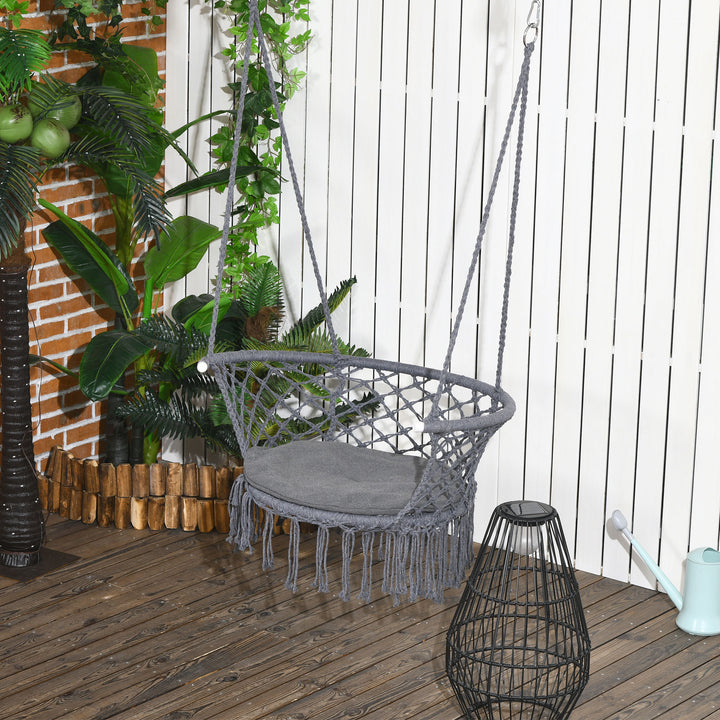 Outsunny Hanging Hammock Chair, Cotton Rope Porch Hammock Swing with Metal Frame and Cushion, Large Macrame Seat for Patio, Garden, Bedroom, Living Room,  Dark Grey