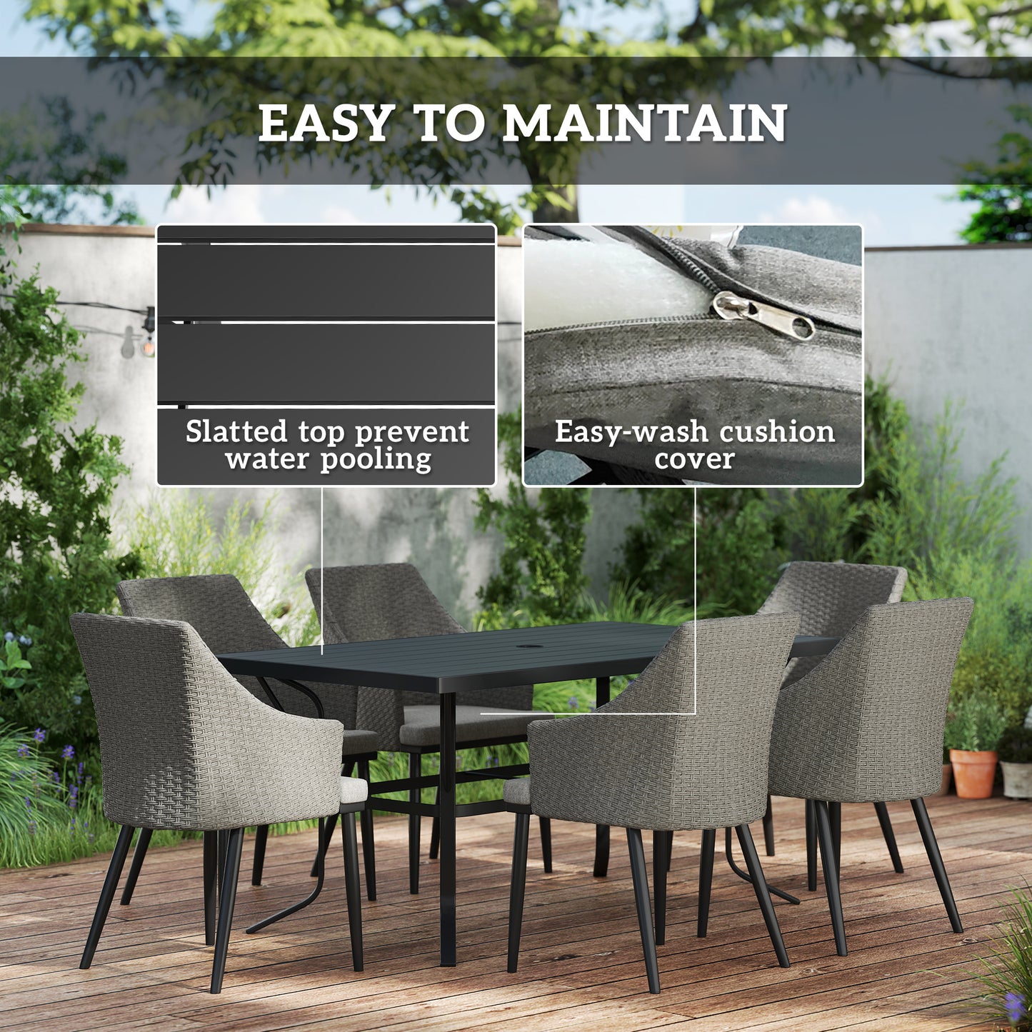 Outsunny 7 Piece Wicker Patio Furniture Set with Cushions, Umbrella Hole, Slatted Table Top, for Backyard, Porch, Garden, Balcony