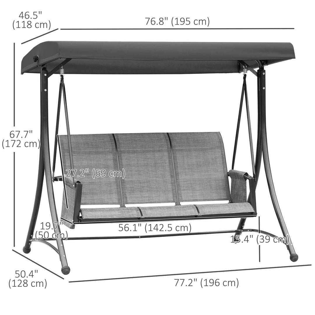 Outsunny 3 Person Porch Swing Outdoor Swing Chair with High Back Design, Side Pouches and Adjustable Canopy, Dark Grey