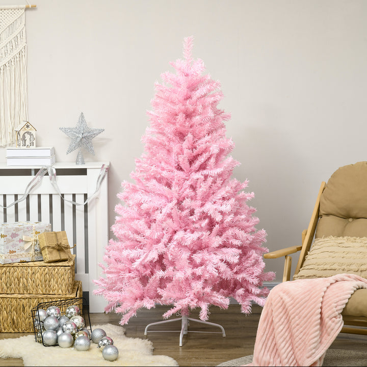 HOMCOM 5' Artificial Pink Christmas Tree with Auto Open, Steel Base, Wide Shape for Indoor Xmas Decoration