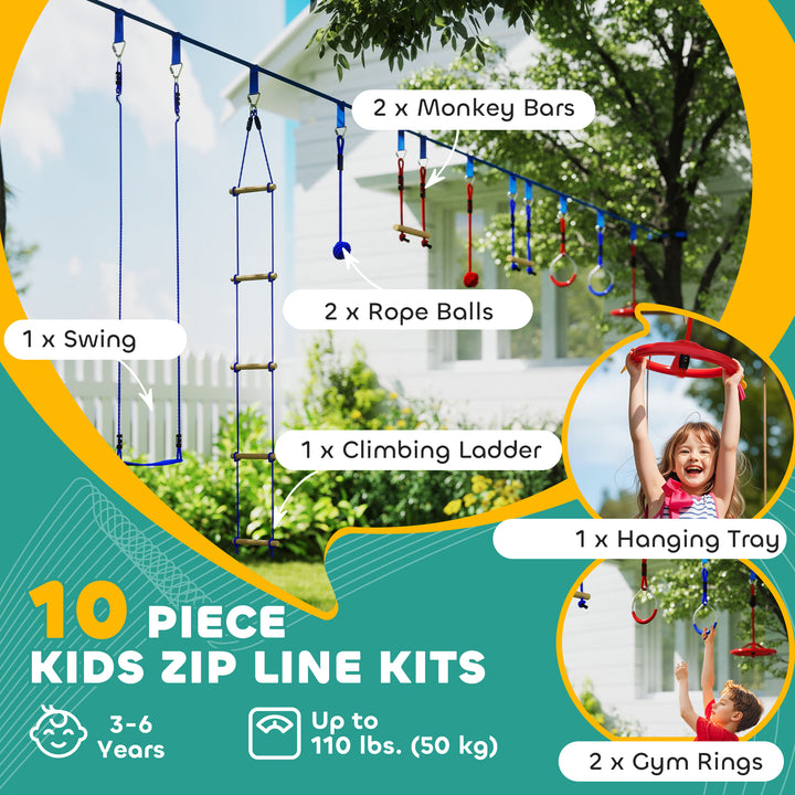 Qaba 32.8' Ninja Warrior Obstacle Course for Kids 3-6 Years, with Swing, Monkey Bars, Climbing Ladder, Gym Rings, Blue