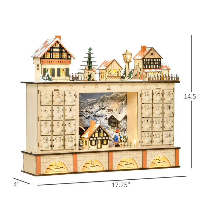 HOMCOM Christmas Advent Calendar, 2022 Light Up Table Xmas Wooden House Holiday Decoration with Countdown Drawer, Village, for kids Adults, White