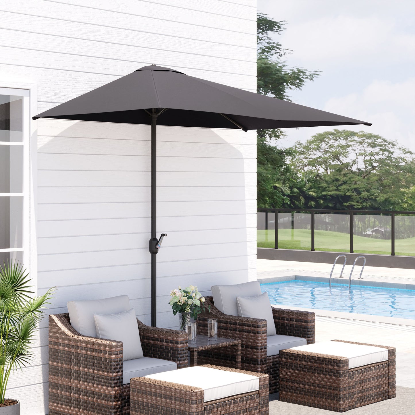Outsunny 8ft Half Round Umbrella Outdoor Balcony Parasol Patio Garden Outdoor Window Sun Shade w/ 5 Ribs