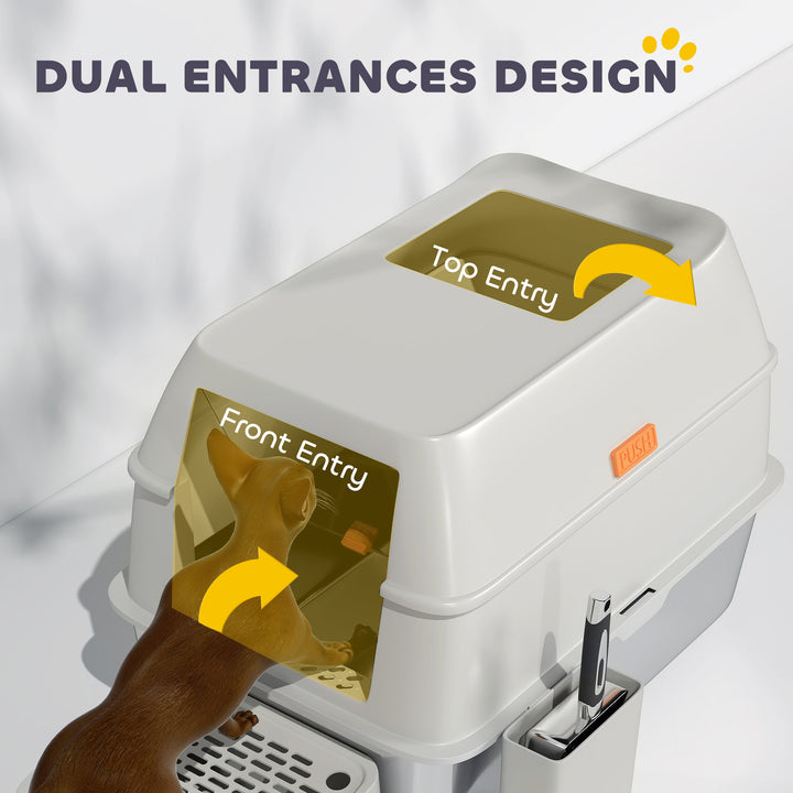 PawHut Stainless Steel Cat Litter Box with Lid, High Sided, Scoop, Easy Clean, Non-Sticky & Anti-Leakage, Light Grey