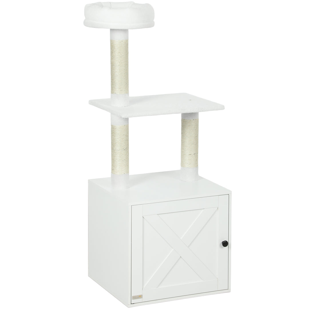 PawHut Cat Tree with Litter Box Enclosure, Sisal Covered Scratching Posts, Large Platform, Bed for Indoor Cats, White