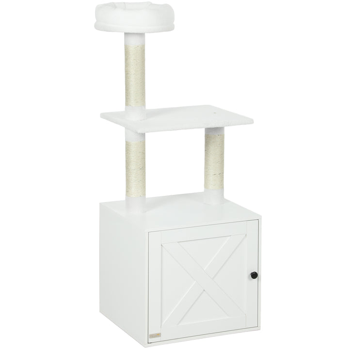 PawHut Cat Tree with Litter Box Enclosure, Sisal Covered Scratching Posts, Large Platform, Bed for Indoor Cats, White