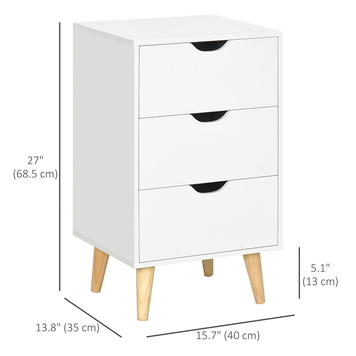 HOMCOM Bedside Table, Modern Nightstand with 3 Drawers, Side End Table with Wood Legs for Living Room, Bedroom, White