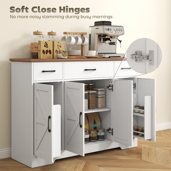 HOMCOM 47" Buffet Cabinet with Soft-Close Hinges, Farmhouse Sideboard with 3 Drawers, Adjustable Shelves and Spice Racks, White