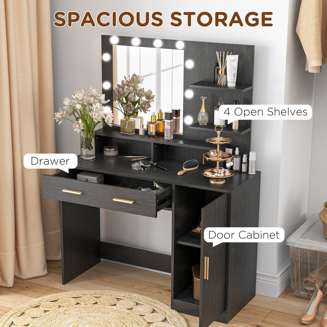 HOMCOM Illuminated Dressing Table Set, LED Vanity Table Set with Stool, LED Mirror, Drawer and Cabinet Shelves for Bedroom