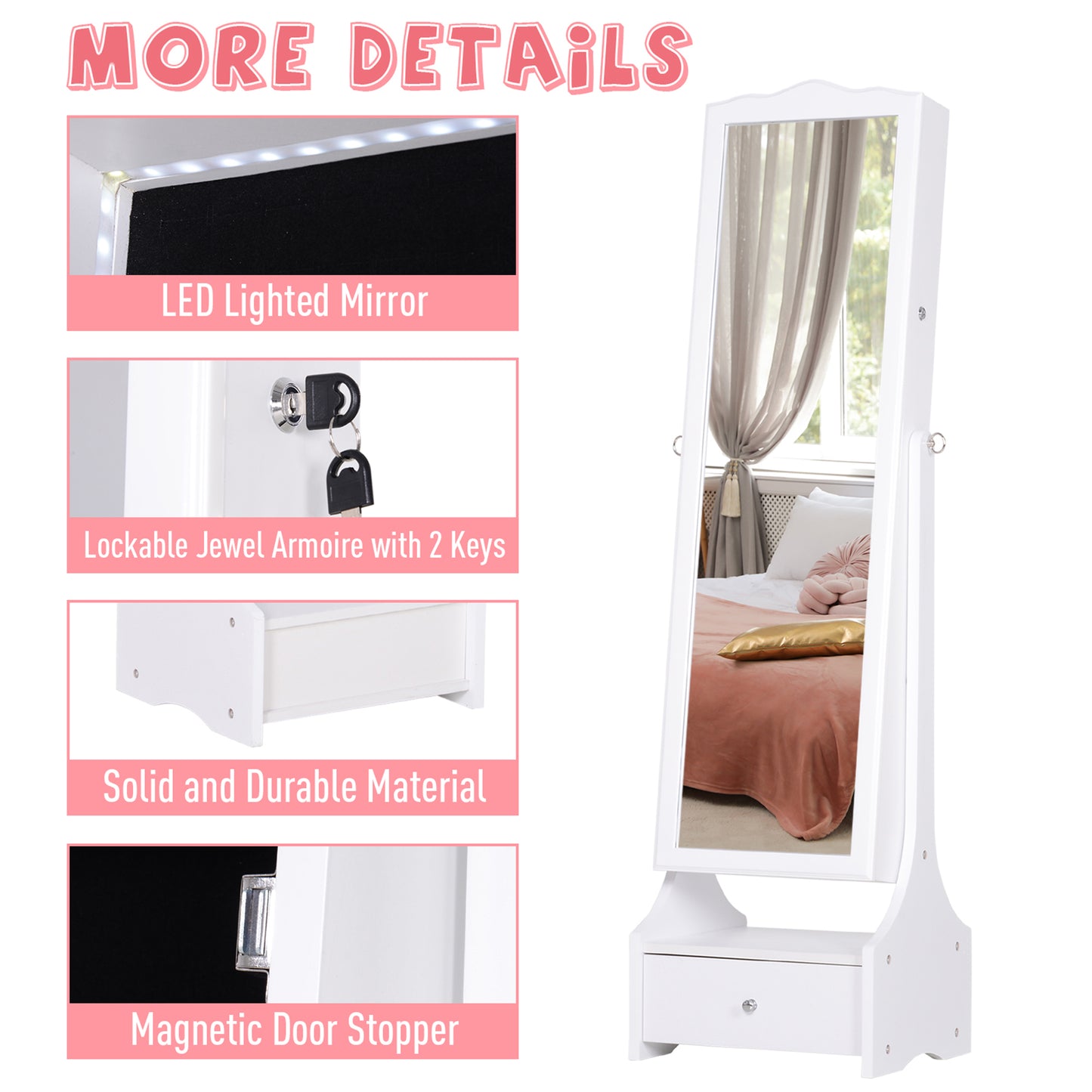 HOMCOM Standing Jewelry Cabinet Organizer Jewelry Armoire with LED Lights, Full Length Mirror, Adjustable Angle, White