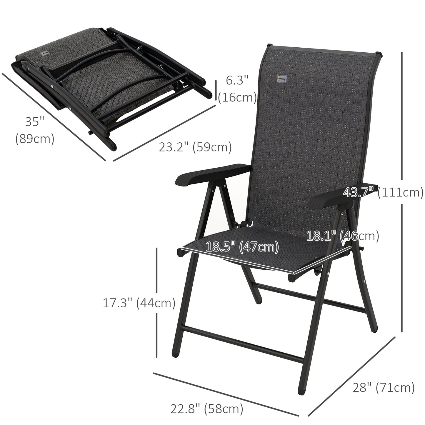 Outsunny 2PCs Outdoor Wicker Folding Chairs with Adjustable Backrest, Grey