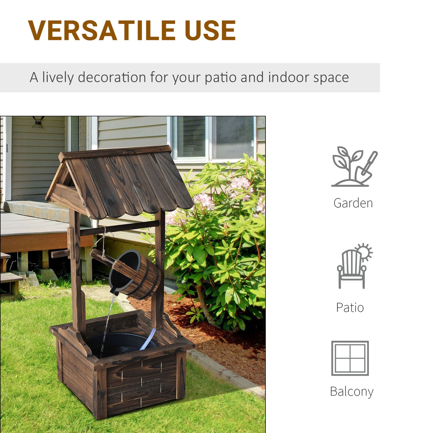 Outsunny Wooden Well Wishing Fountain Outdoor with Electric Pump Water Bucket for Patio Garden Carbonized