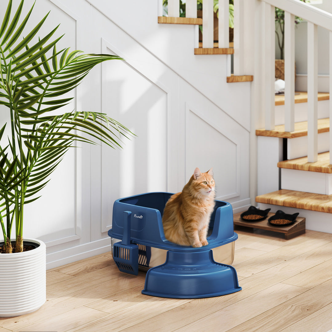 PawHut Stainless Steel Cat Litter Box, Cat Litter Box with High Side and Scoop, Anti-Leakage, Easy to Clean, Navy Blue