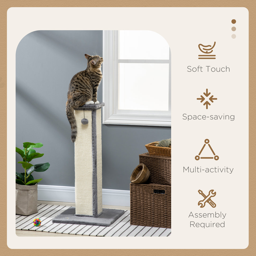 PawHut 32" Tall Cat Scratching Post for Indoor Cats and Kittens, Sisal Cat Scratcher with Hanging Ball Soft Plush, Grey