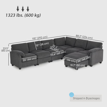 HOMCOM Modular Sectional Sofa, Oversized U-Shaped Couch with Spring Cushion, Corduroy Sofa for Living Room, Charcoal Grey