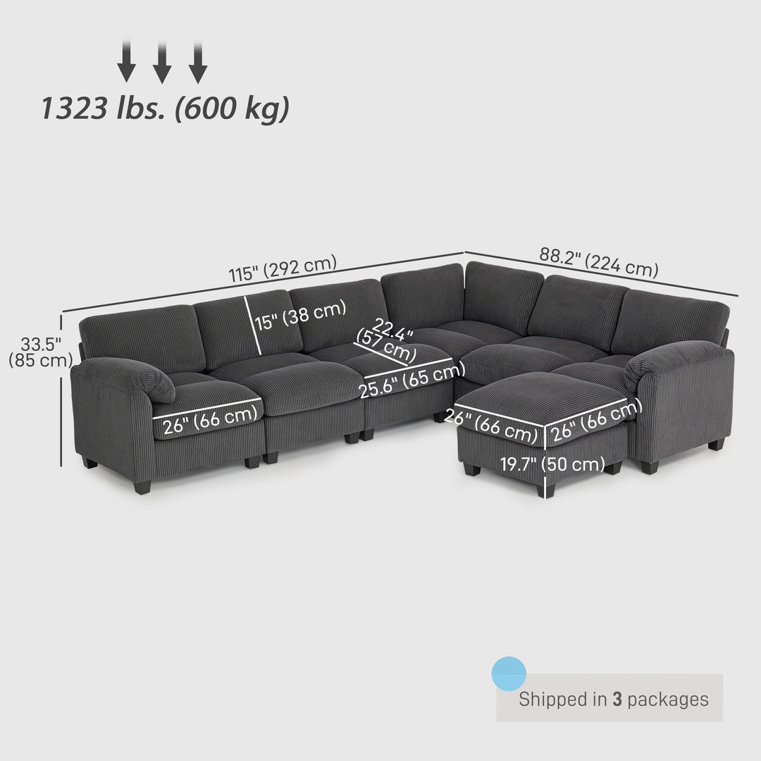 HOMCOM Modular Sectional Sofa, Oversized U-Shaped Couch with Spring Cushion, Corduroy Sofa for Living Room, Charcoal Grey