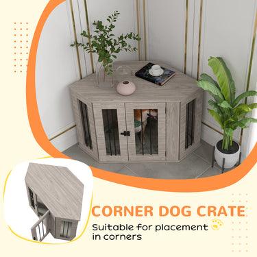 PawHut Dog Crate Furniture with Cushion, 41 Inch Corner Design Dog Crate End Table for Medium Dogs, Walnut Brown
