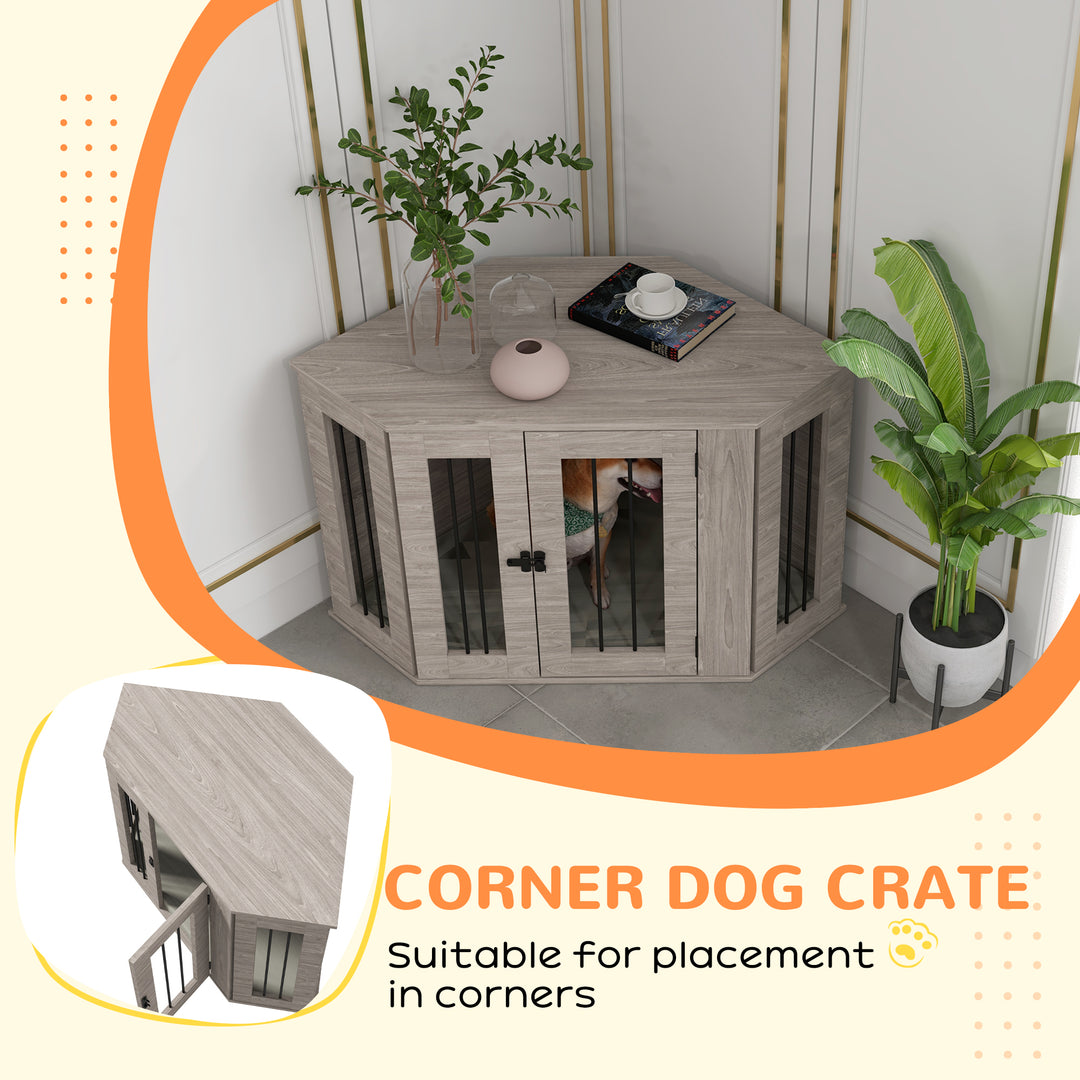 PawHut Dog Crate Furniture with Cushion, 41 Inch Corner Design Dog Crate End Table for Medium Dogs, Walnut Brown