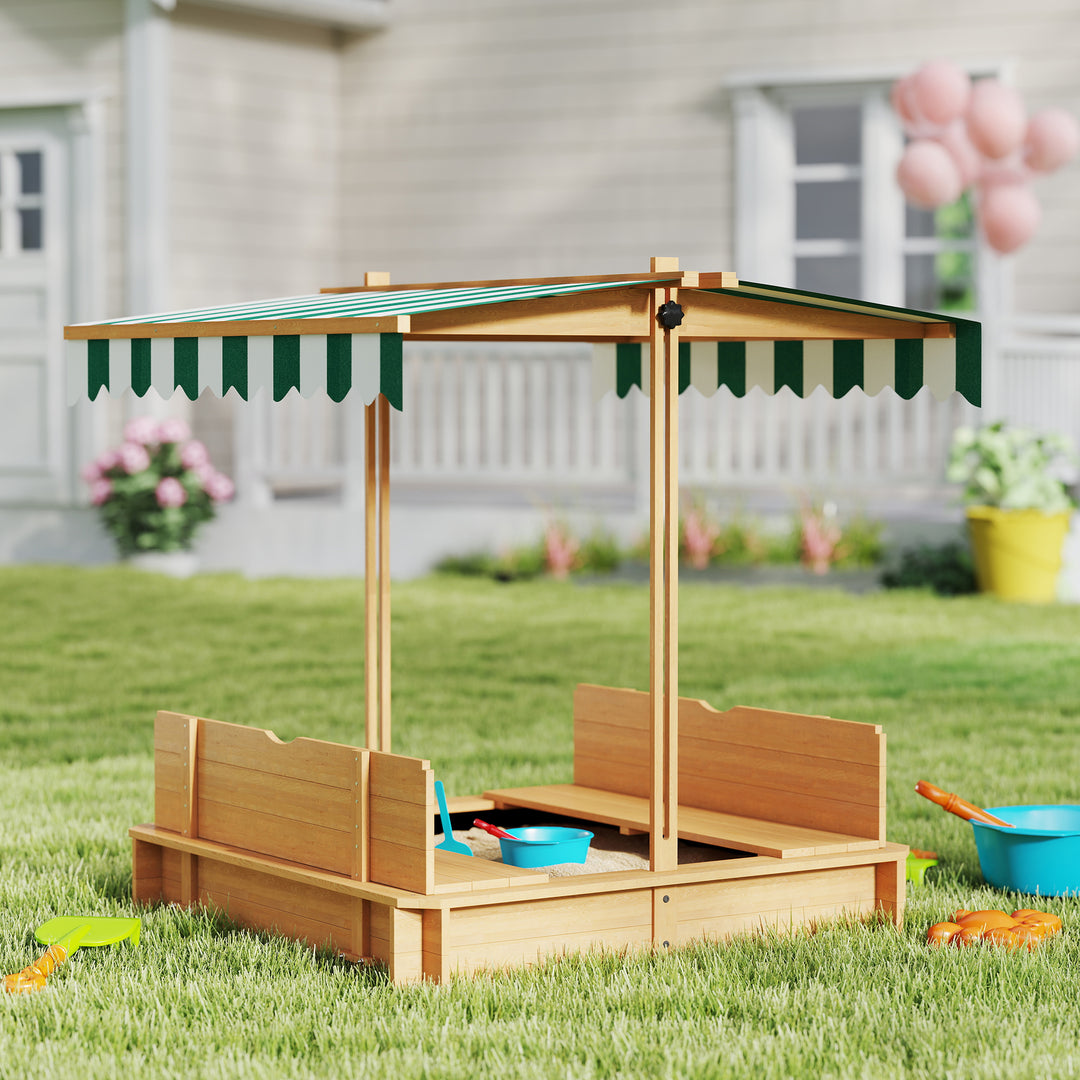 Outsunny Kids Wooden Sandbox Outdoor Backyard Playset Children Play Station w/ Adjustable Canopy & Convertible Bench Sand for 3-7 Years Old