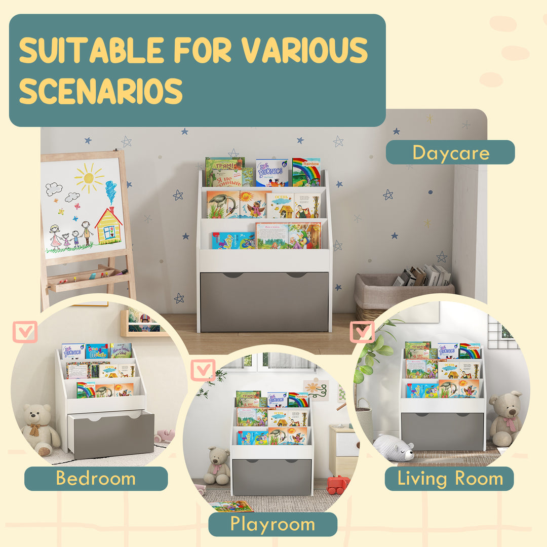 Qaba Kids Bookshelf with 3 Tier Display Shelves, Drawer for Nursery, White