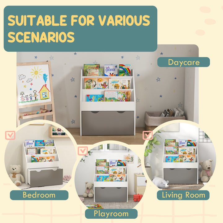 Qaba Kids Bookshelf with 3 Tier Display Shelves, Drawer for Nursery, White