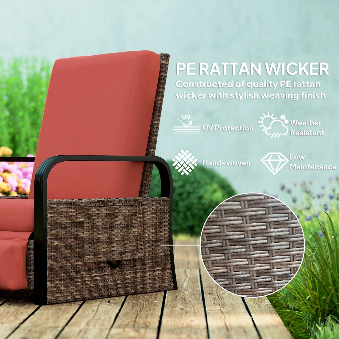 Outsunny Wicker Outdoor Recliner Chair, Reclining Lounge Chair with Adjustable Backrest, Footrest and Side Tray, Red